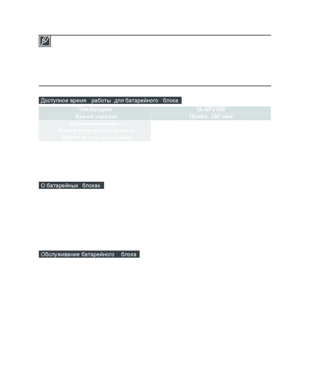 Samsung HMX-H200RP/XER manual Доступное время работы для батарейного блока, IA-BP210E, Прибл мин, Батарейных блоках 