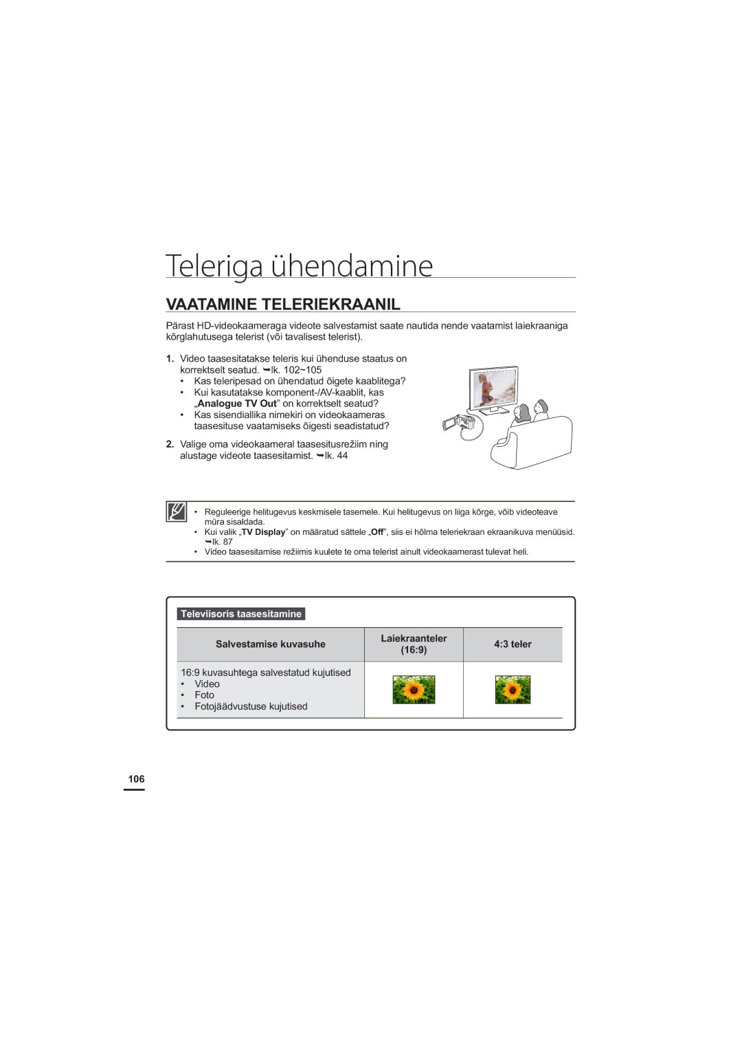 Samsung HMX-H204BP/EDC manual Vaatamine Teleriekraanil, Televiisoris taasesitamine, Salvestamise kuvasuhe, 169, 106 