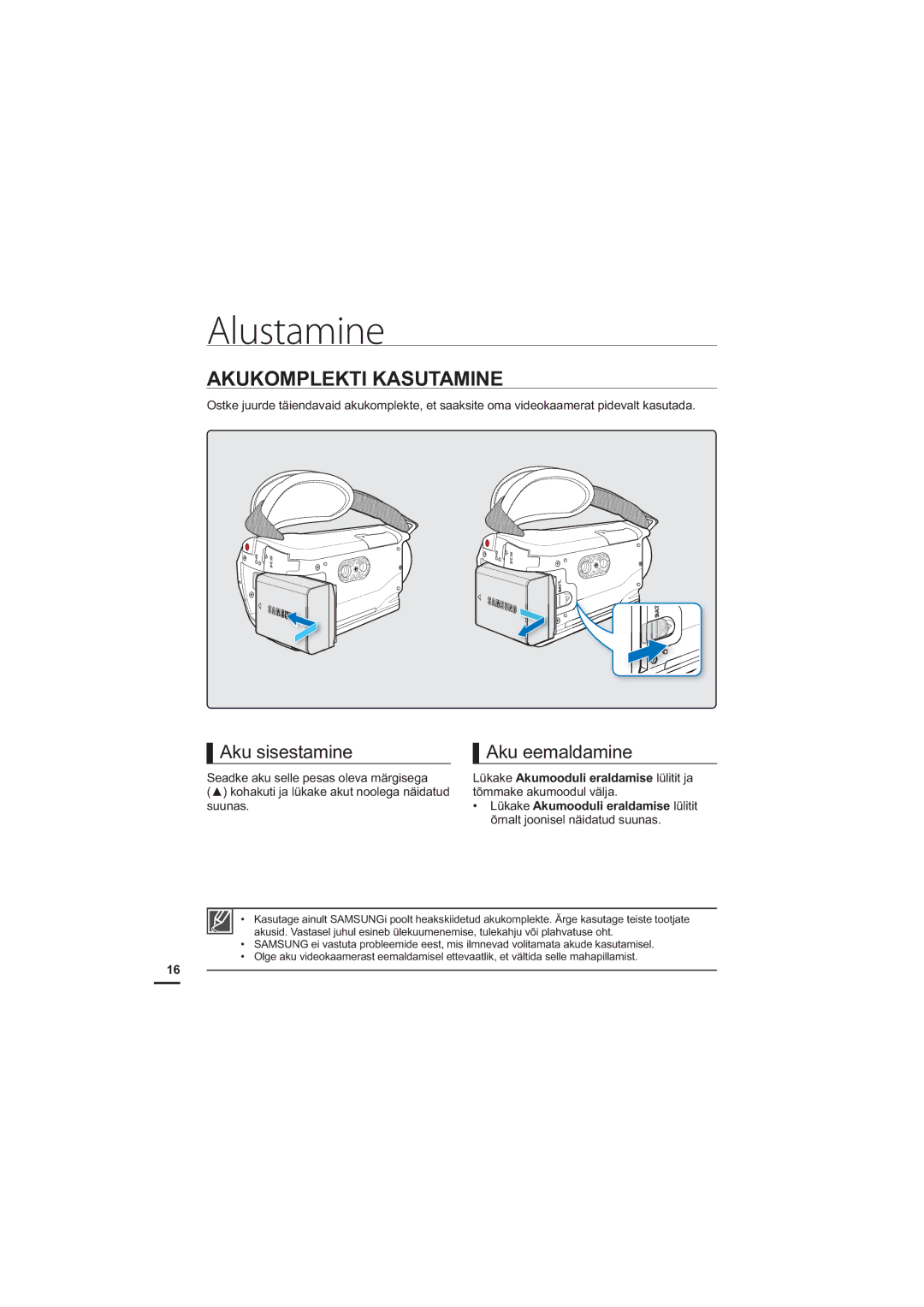 Samsung HMX-H204BP/EDC, HMX-H200BP/XEB manual Alustamine, Akukomplekti Kasutamine 