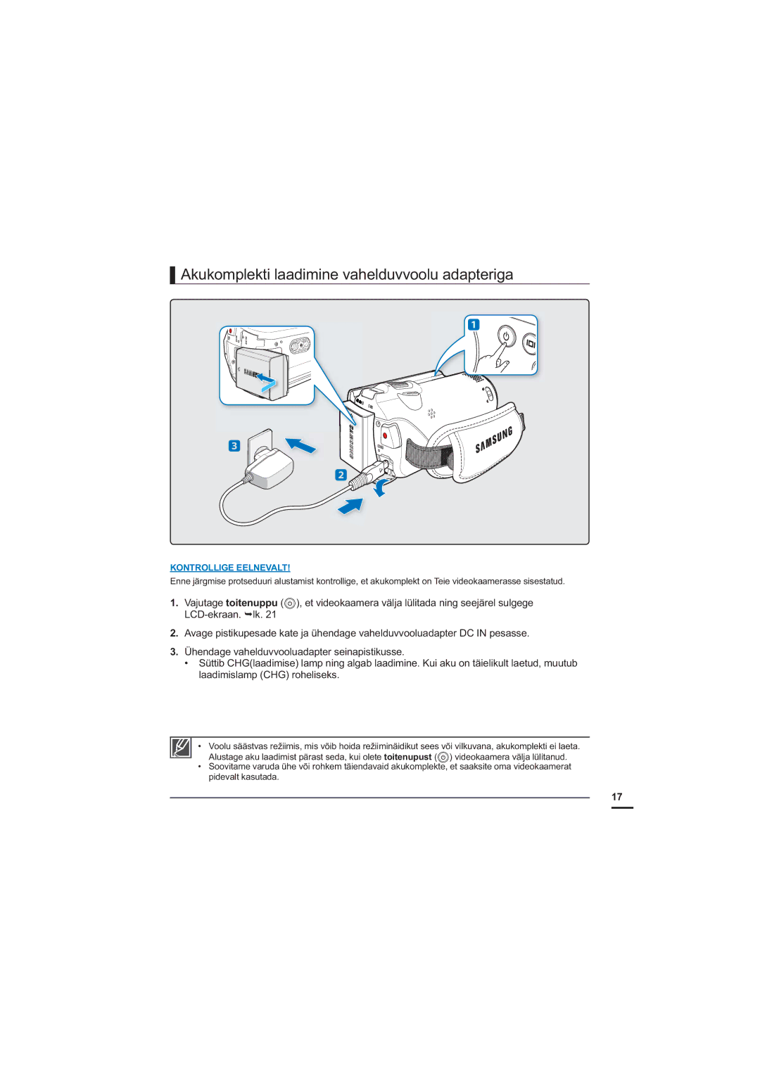 Samsung HMX-H200BP/XEB $NxnrpsohnwlOddglplqhYdkhogxyyrroxDgdswhuljd, Ühendage vahelduvvooluadapter seinapistikusse 