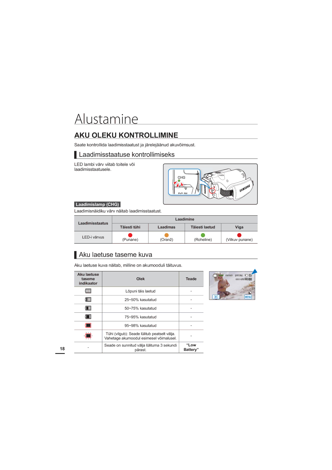 Samsung HMX-H204BP/EDC, HMX-H200BP/XEB manual AKU Oleku Kontrollimine, Laadimisstaatuse kontrollimiseks, Laadimislamp CHG 