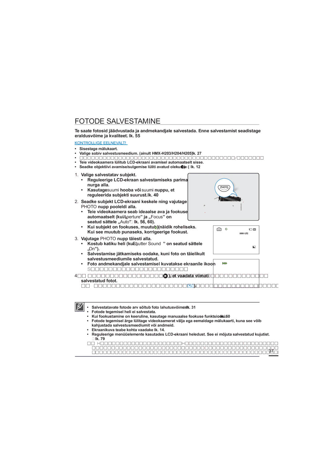 Samsung HMX-H200BP/XEB, HMX-H204BP/EDC manual Fotode Salvestamine 