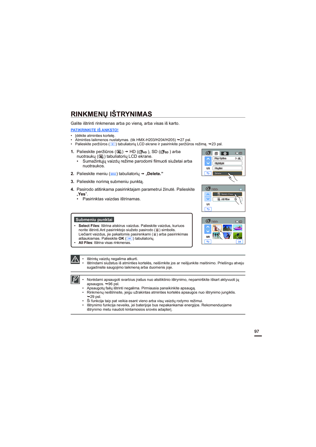 Samsung HMX-H200BP/XEB, HMX-H204BP/EDC manual Rinkmenų Ištrynimas 