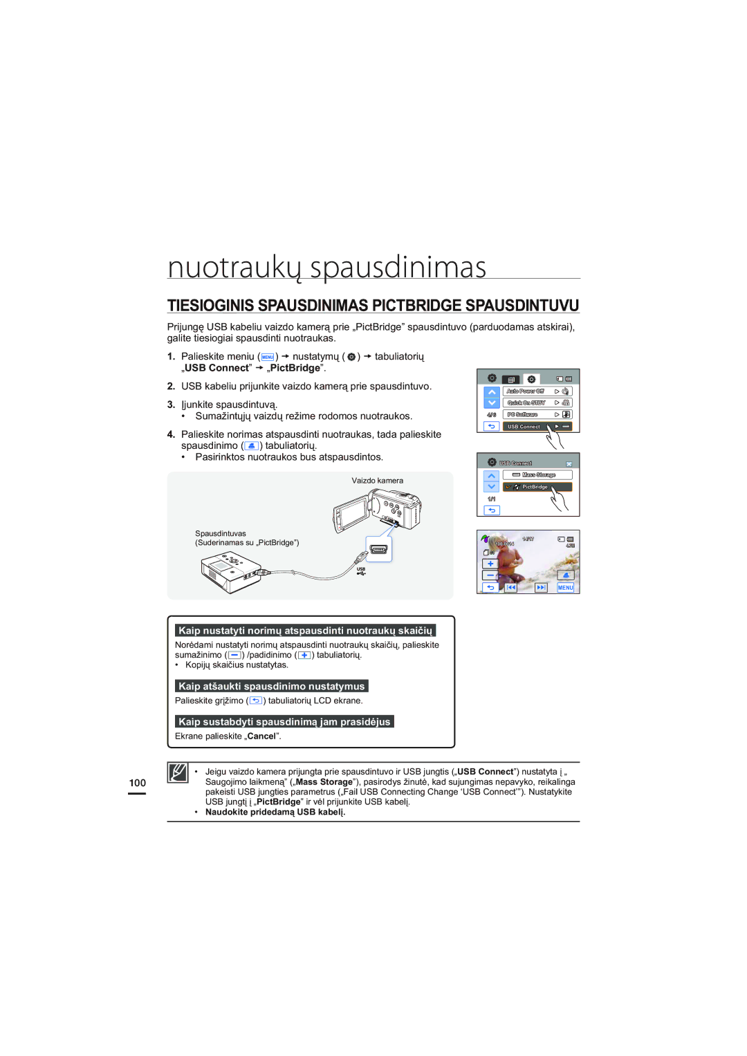 Samsung HMX-H204BP/EDC manual Tiesioginis Spausdinimas Pictbridge Spausdintuvu, Kaip atšaukti spausdinimo nustatymus 