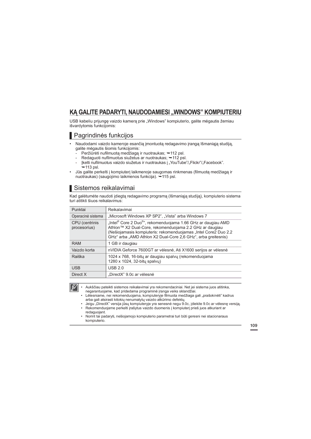 Samsung HMX-H200BP/XEB, HMX-H204BP/EDC manual Pagrindinės funkcijos 