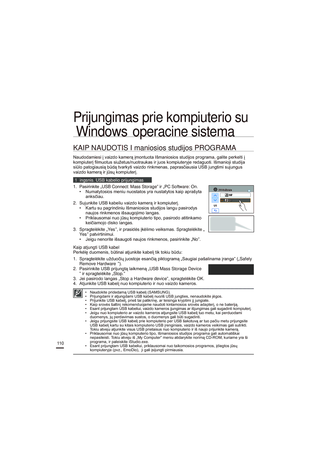 Samsung HMX-H204BP/EDC, HMX-H200BP/XEB manual Kaip Naudotis Išmaniosios studijos Programa, Žingsnis. USB kabelio prijungimas 