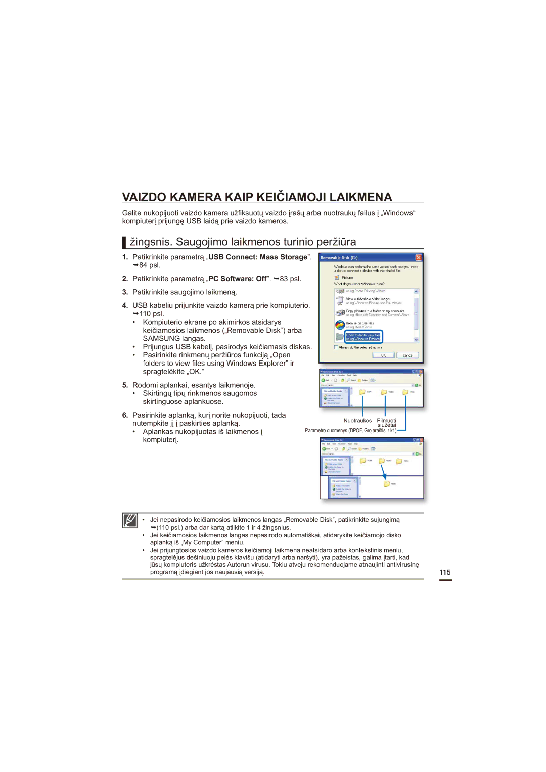 Samsung HMX-H200BP/XEB manual Vaizdo Kamera Kaip Keičiamoji Laikmena, Žingsnis. Saugojimo laikmenos turinio peržiūra 