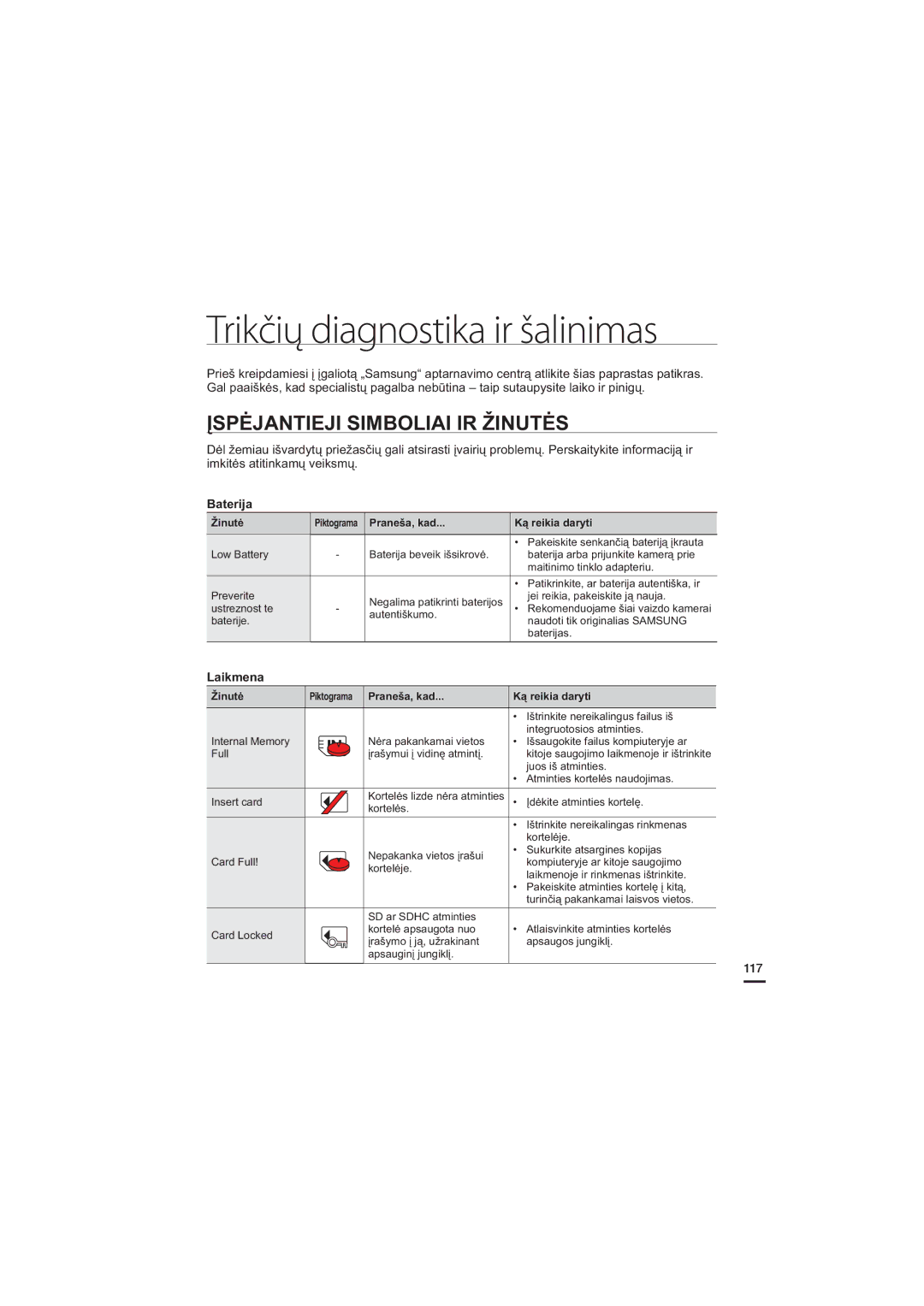 Samsung HMX-H200BP/XEB, HMX-H204BP/EDC manual Įspėjantieji Simboliai IR Žinutės, Baterija, Laikmena 