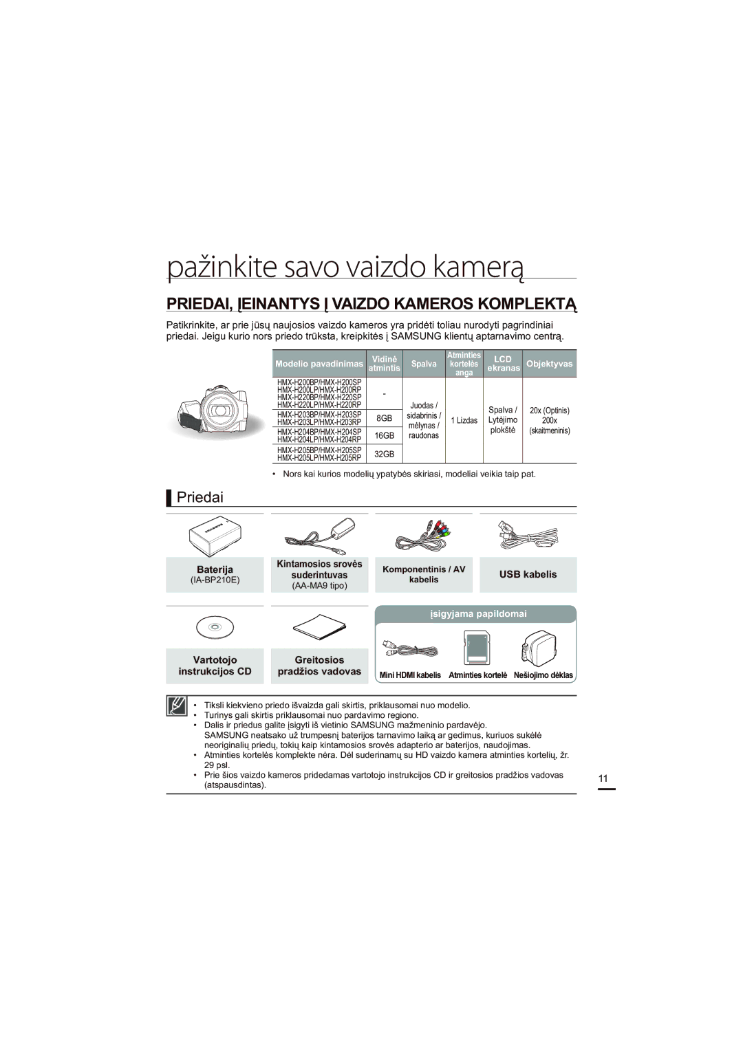 Samsung HMX-H200BP/XEB Pažinkite savo vaizdo kamerą, PRIEDAI, Įeinantys Į Vaizdo Kameros Komplektą, Priedai, USB kabelis 