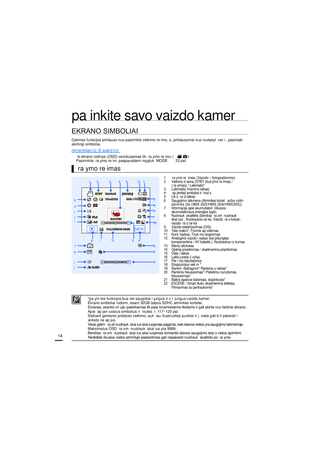 Samsung HMX-H204BP/EDC, HMX-H200BP/XEB manual Ekrano Simboliai 