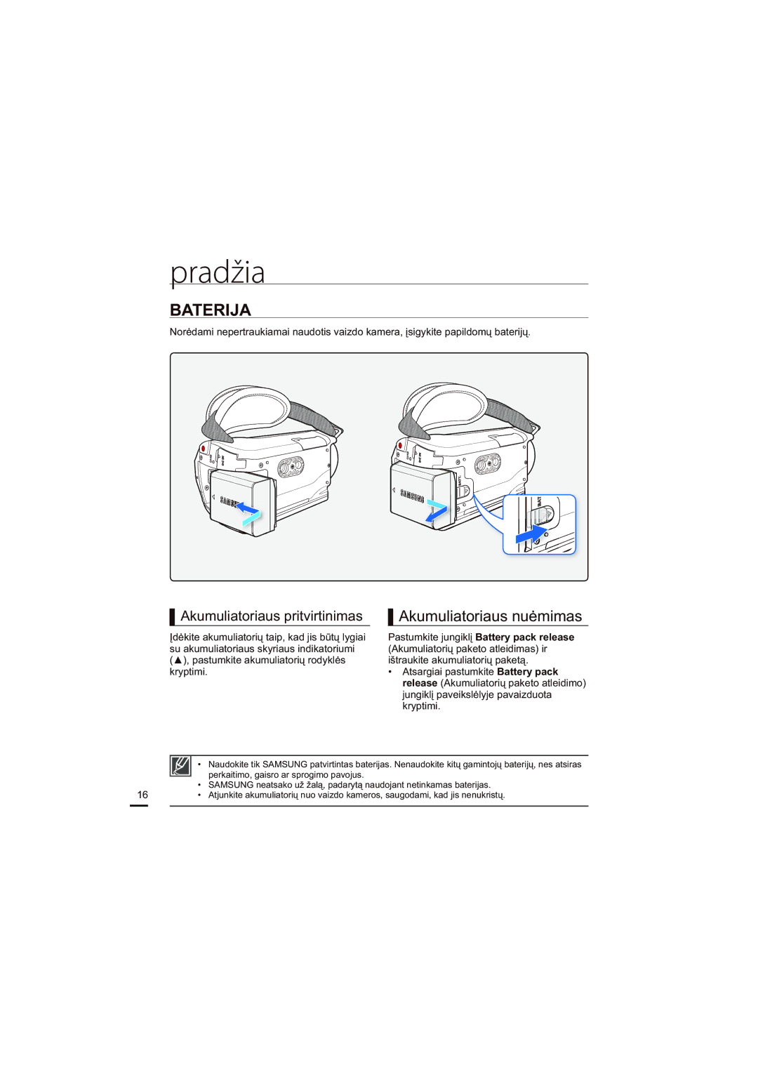 Samsung HMX-H204BP/EDC, HMX-H200BP/XEB manual Pradžia, Baterija, Akumuliatoriaus nuėmimas 