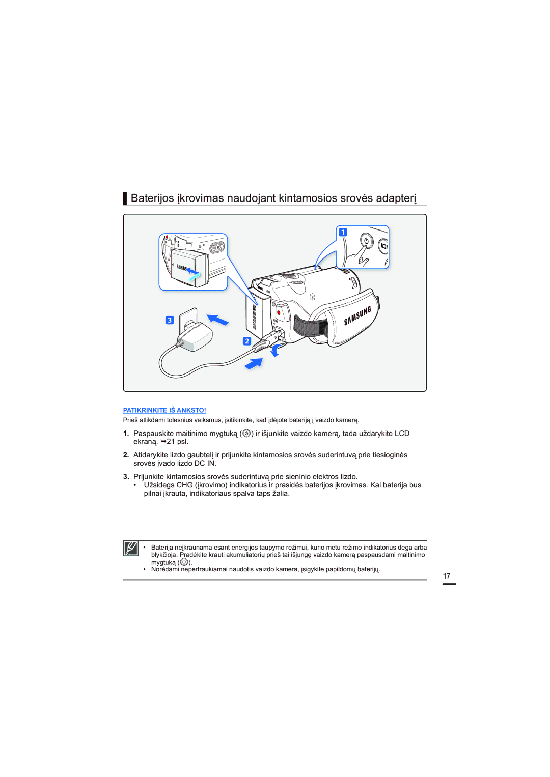 Samsung HMX-H200BP/XEB, HMX-H204BP/EDC manual Baterijos įkrovimas naudojant kintamosios srovės adapterį 