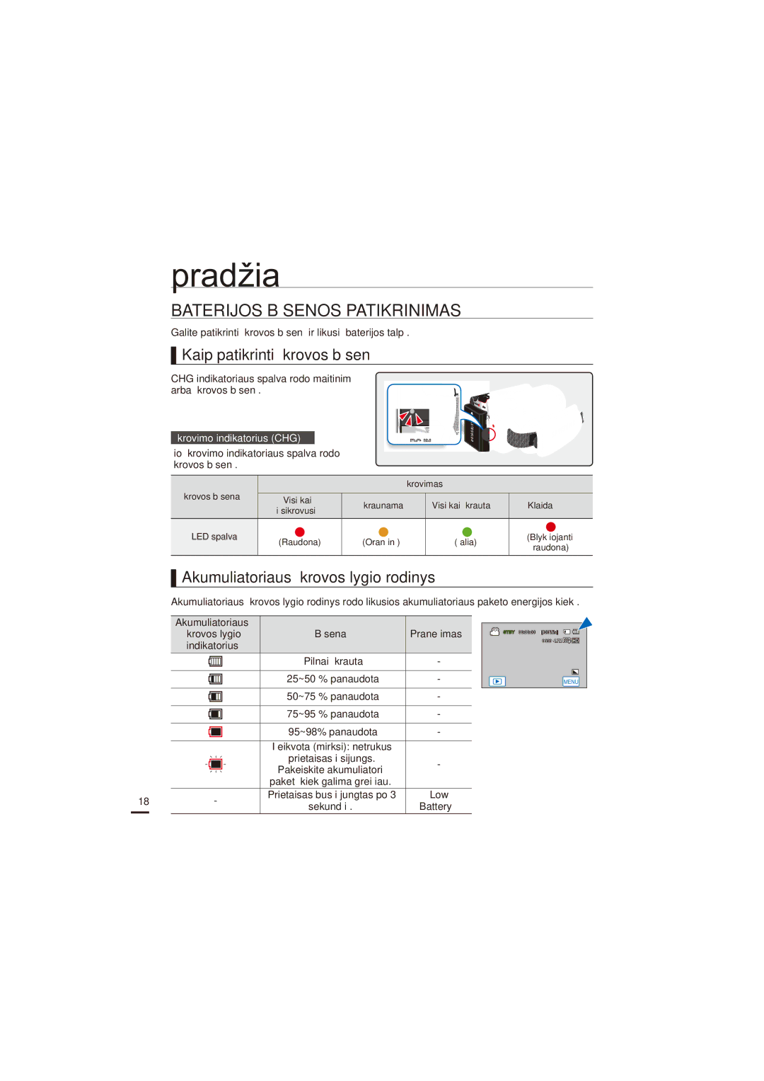 Samsung HMX-H204BP/EDC manual Baterijos Būsenos Patikrinimas, Kaip patikrinti įkrovos būseną, Įkrovimo indikatorius CHG 