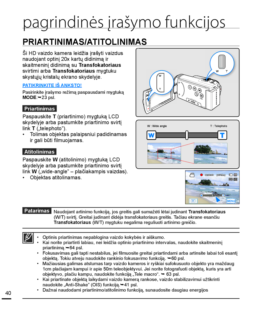 Samsung HMX-H204BP/EDC, HMX-H200BP/XEB manual Priartinimas, Atitolinimas 