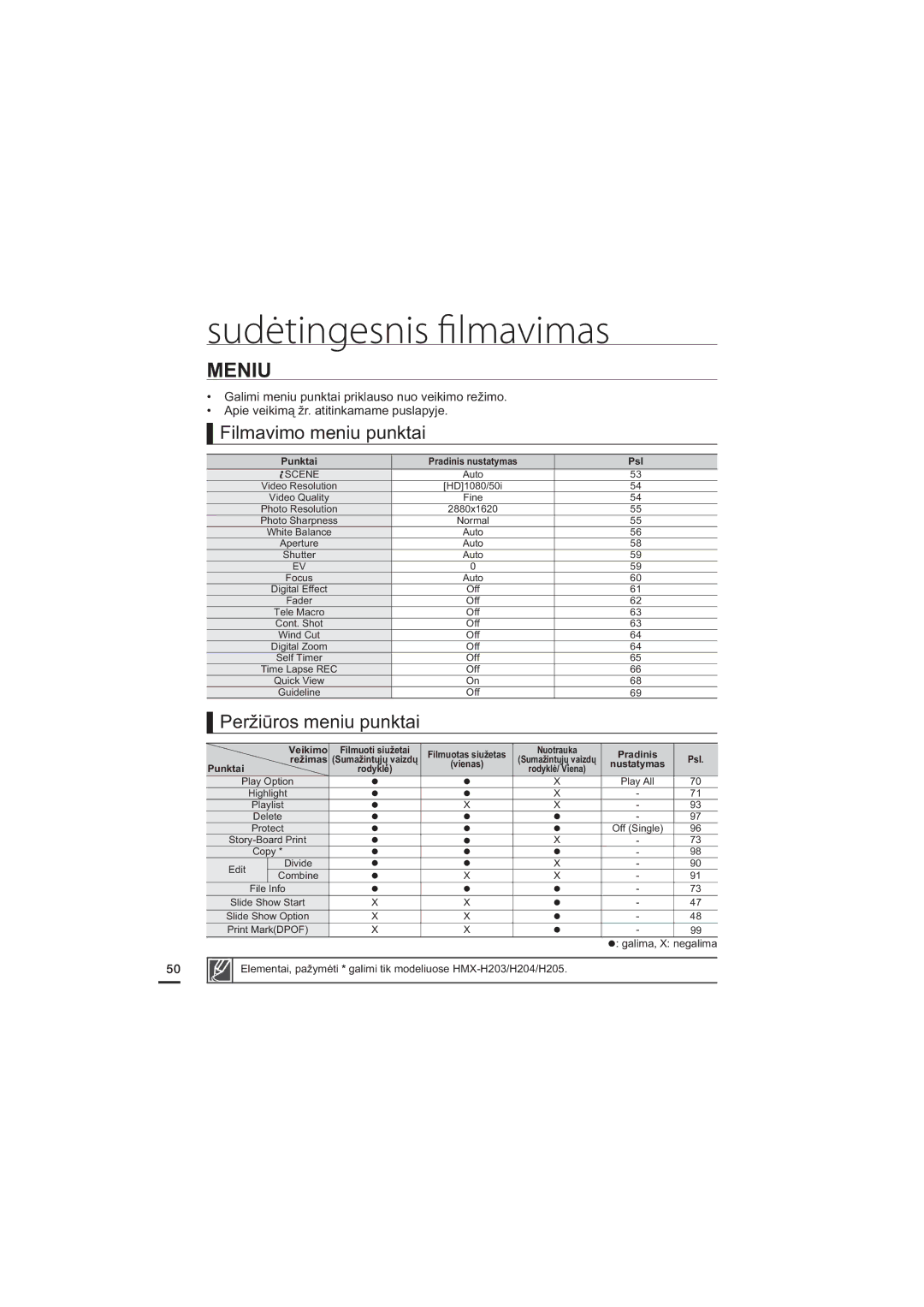 Samsung HMX-H204BP/EDC, HMX-H200BP/XEB manual Sudėtingesnis filmavimas, Meniu 