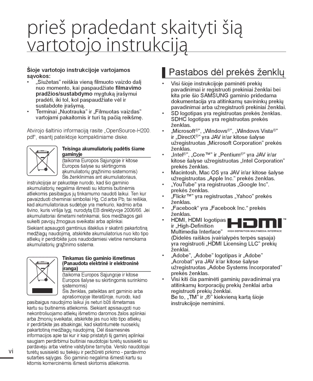 Samsung HMX-H204BP/EDC, HMX-H200BP/XEB manual Prieš pradedant skaityti šią vartotojo instrukciją 