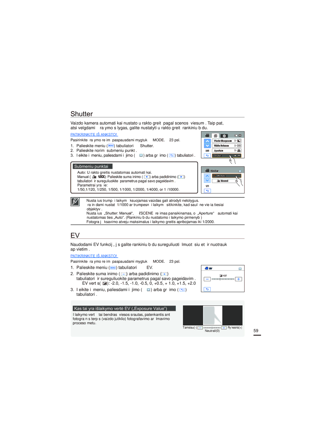 Samsung HMX-H200BP/XEB, HMX-H204BP/EDC manual Shutter, Kas tai yra išlaikymo vertė EV „Exposure Value 