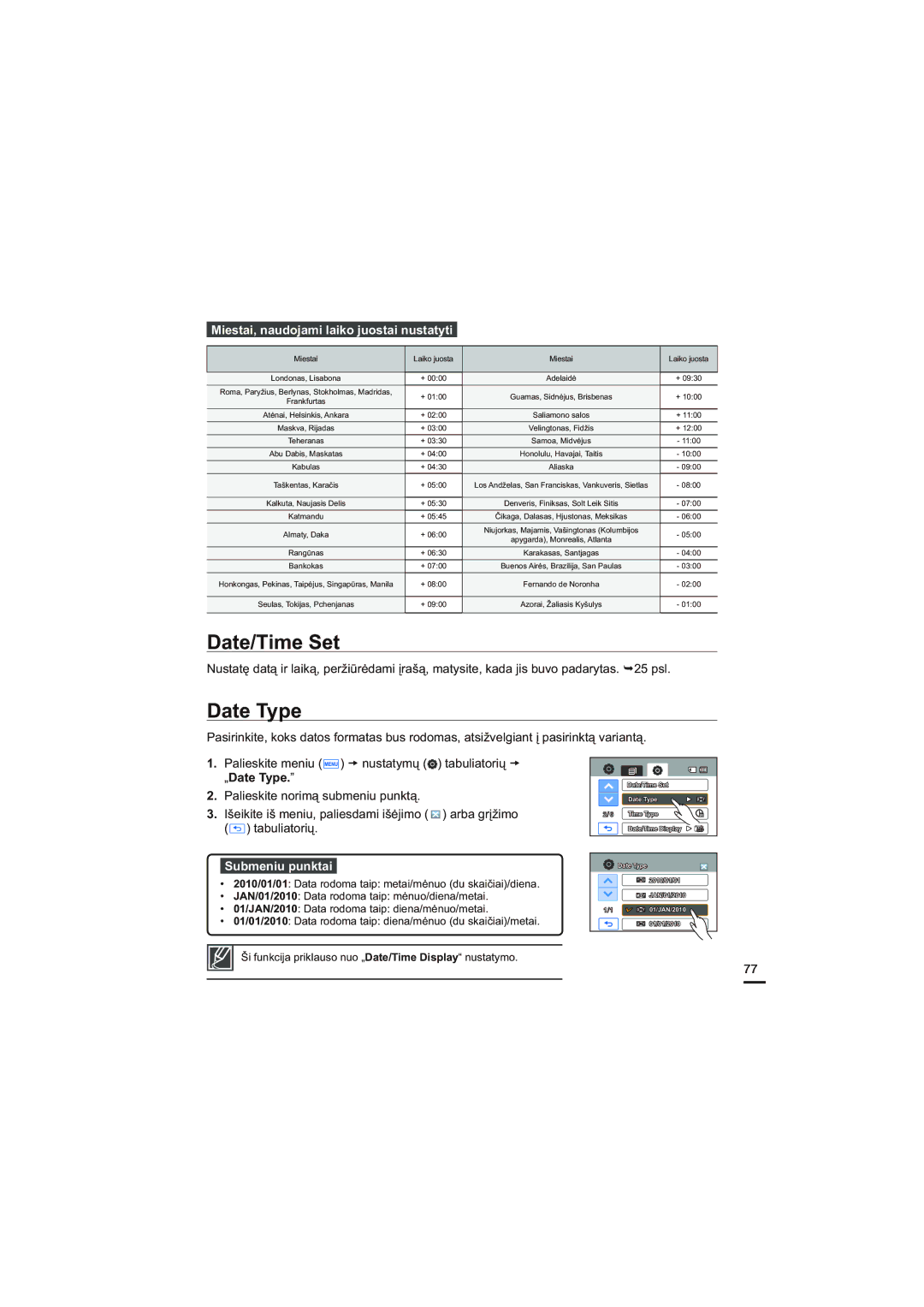 Samsung HMX-H200BP/XEB, HMX-H204BP/EDC manual Date/Time Set, Date Type, Miestai, naudojami laiko juostai nustatyti 