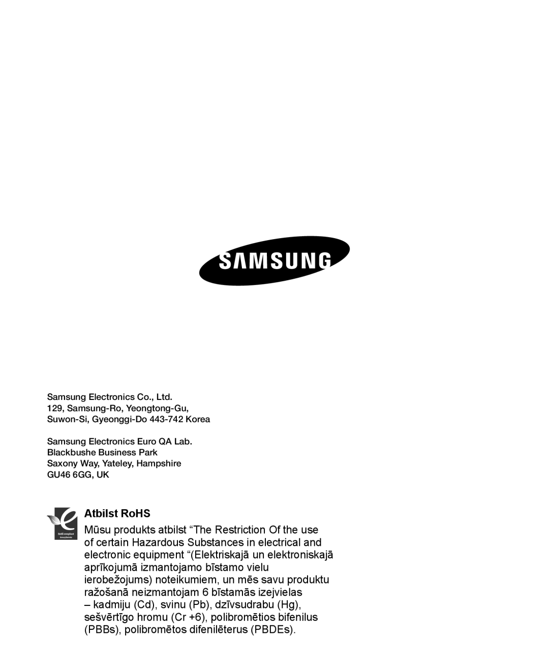 Samsung HMX-H200BP/XEB, HMX-H204BP/EDC manual Atbilst RoHS 