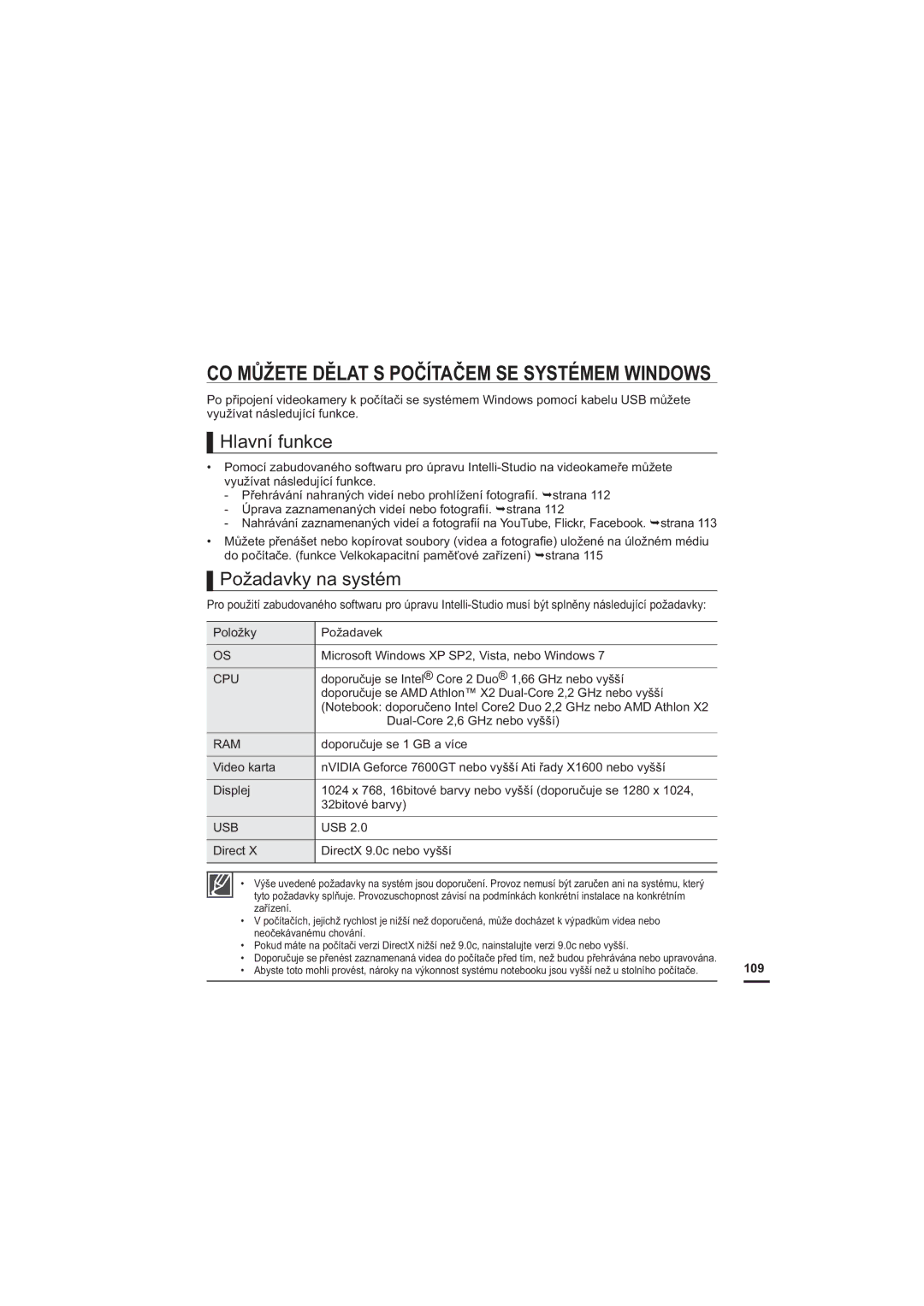 Samsung HMX-H200SP/EDC, HMX-H204BP/EDC, HMX-H204SP/EDC, HMX-H200BP/EDC manual Hlavní funkce, Požadavky na systém, 109 