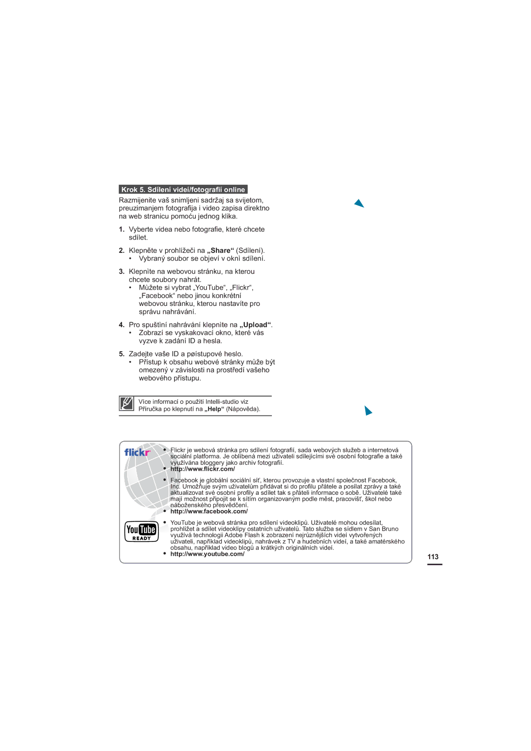 Samsung HMX-H204SP/EDC, HMX-H204BP/EDC, HMX-H200BP/EDC, HMX-H200SP/EDC manual Krok 5. Sdílení videí/fotograﬁí online, 113 