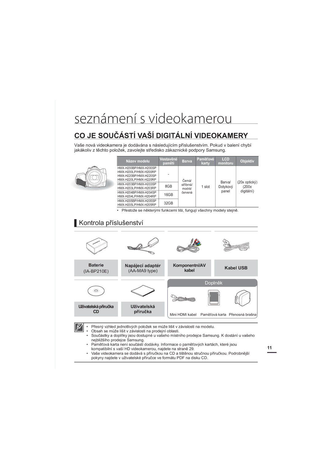 Samsung HMX-H204SP/EDC manual Seznámení s videokamerou, CO JE Součástí Vaší Digitální Videokamery, Kontrola příslušenství 