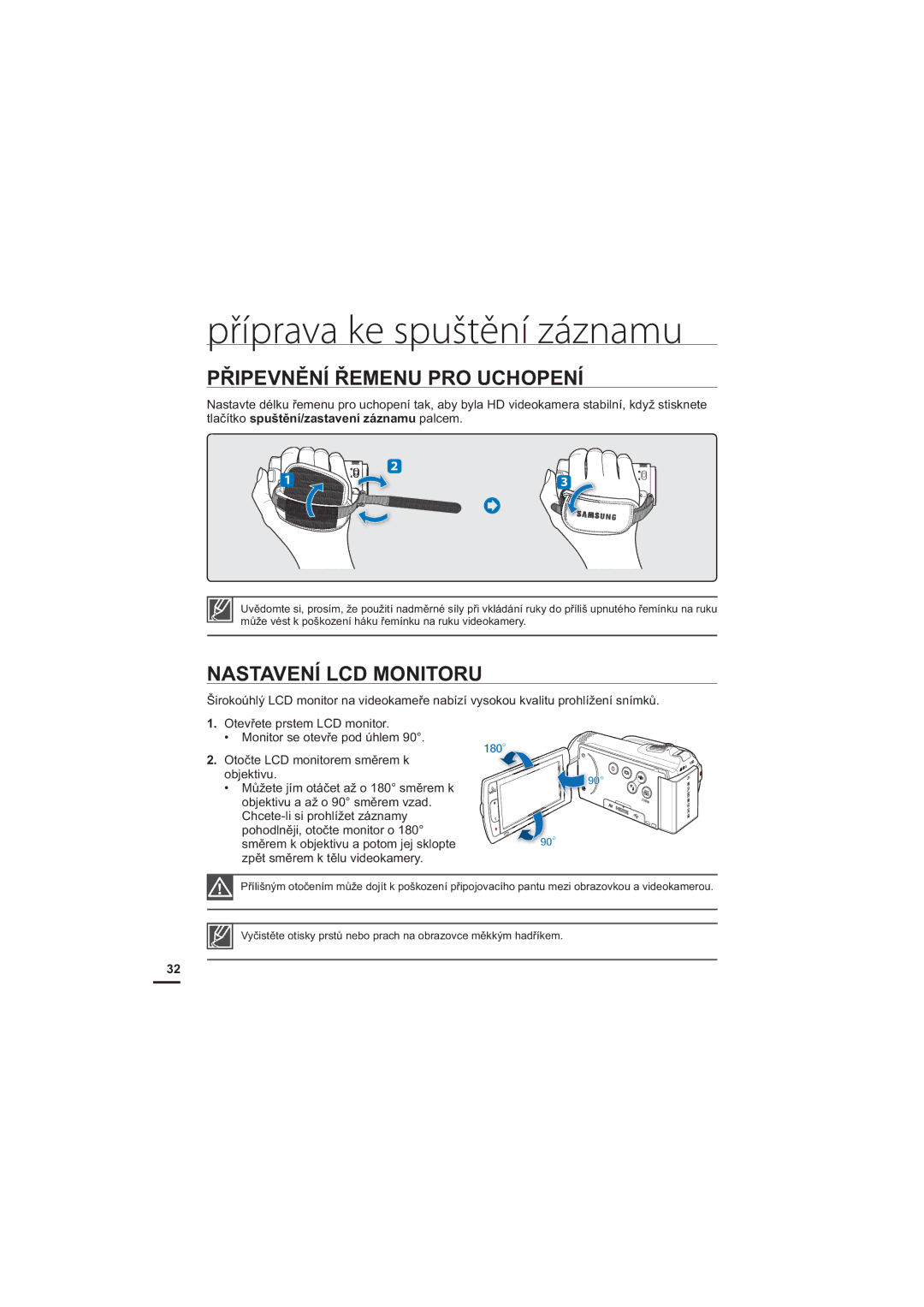 Samsung HMX-H205BP/EDC, HMX-H204BP/EDC, HMX-H204SP/EDC manual Připevnění Řemenu PRO Uchopení, Nastavení LCD Monitoru 