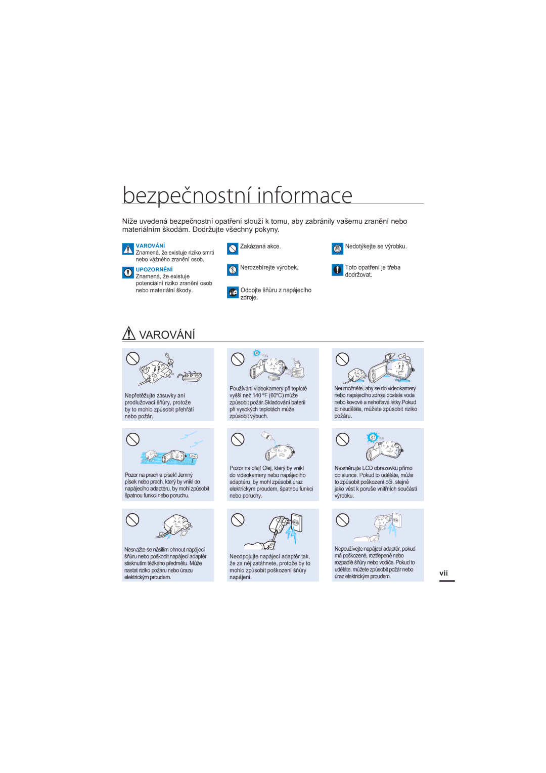 Samsung HMX-H204SP/EDC, HMX-H204BP/EDC, HMX-H200BP/EDC, HMX-H200SP/EDC, HMX-H205BP/EDC manual Bezpečnostní informace, Vii 