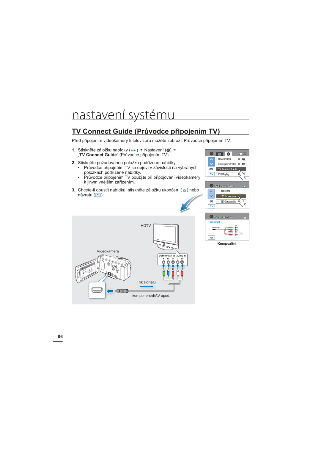 Samsung HMX-H205BP/EDC manual TV Connect Guide Průvodce připojením TV, Videokamera, Tok signálu Komponentní/AV apod 