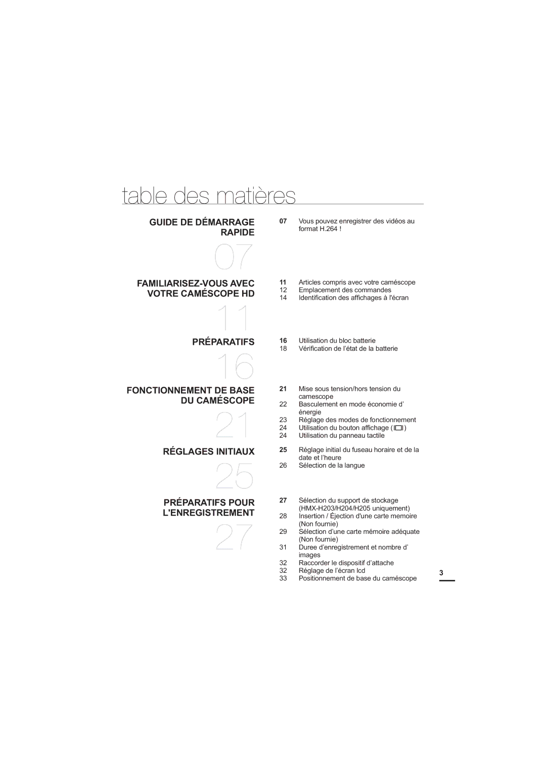 Samsung HMX-H220RP/EDC, HMX-H204BP/EDC manual Table des matières, Vous pouvez enregistrer des vidéos au format H.264 