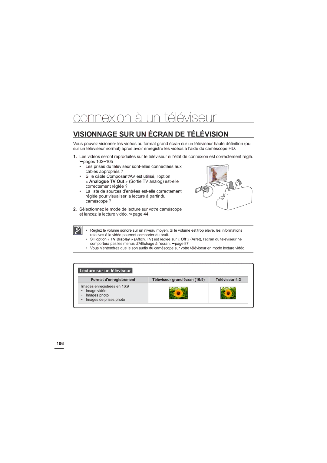 Samsung HMX-H200BP/EDC, HMX-H204BP/EDC manual Visionnage SUR UN Écran DE Télévision, Lecture sur un téléviseur, 106 