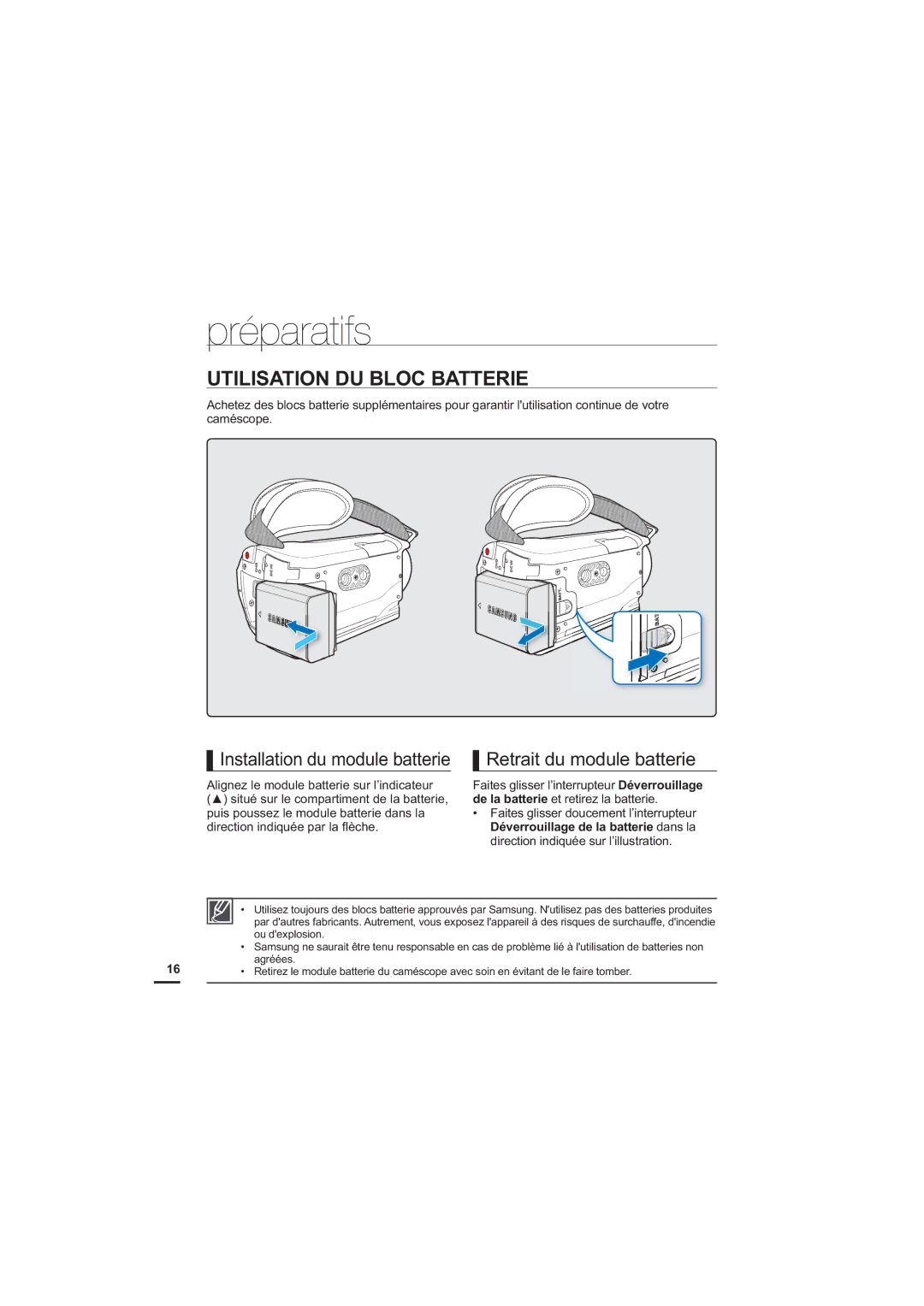 Samsung HMX-H204BP/MEA, HMX-H204BP/EDC manual Préparatifs, Utilisation DU Bloc Batterie, Installation du module batterie 