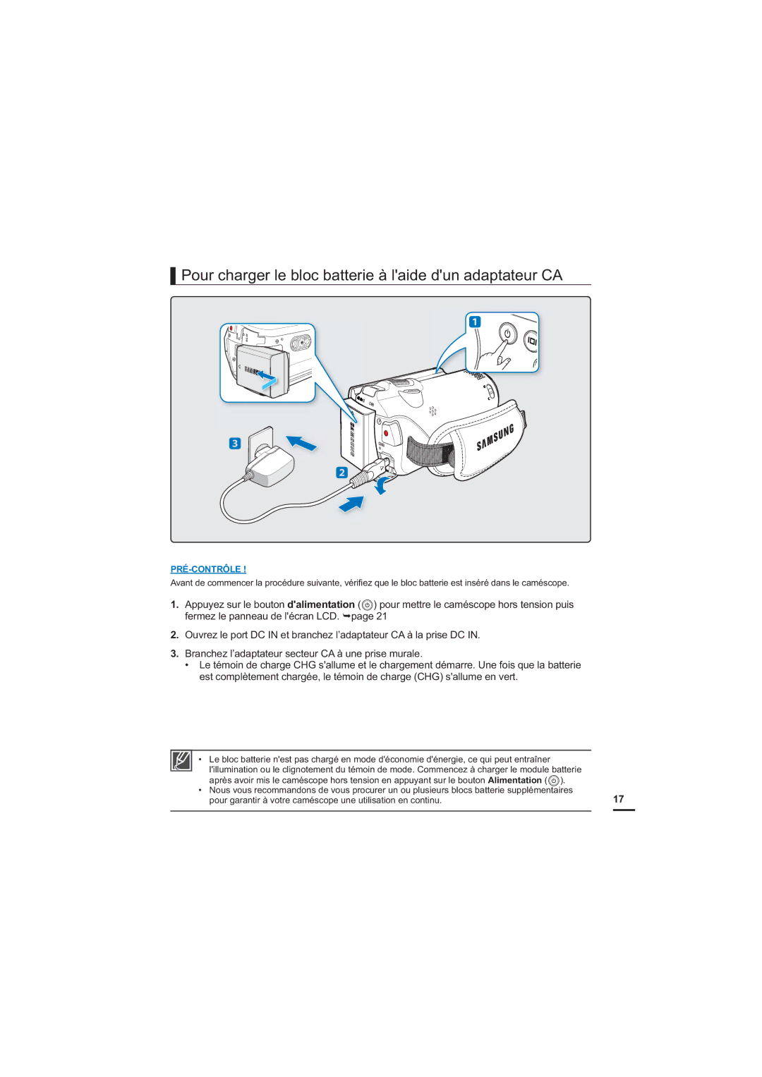 Samsung HMX-H220RP/EDC, HMX-H204BP/EDC, HMX-H204SP/EDC manual Pour charger le bloc batterie à laide dun adaptateur CA 