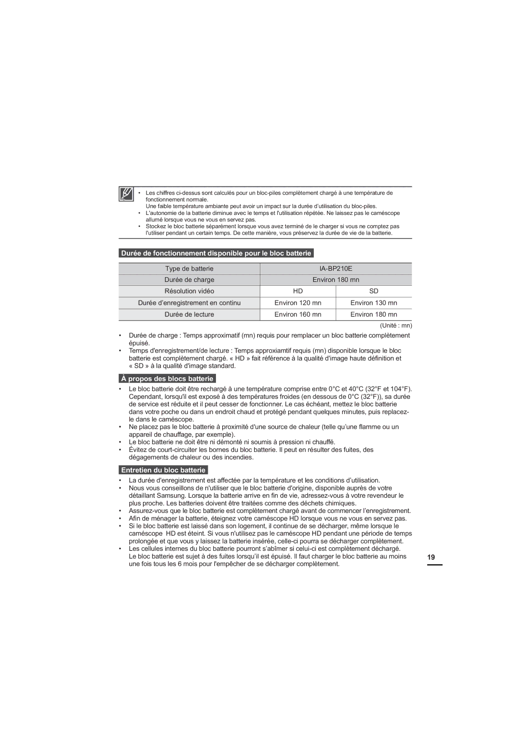 Samsung HMX-H205SP/EDC, HMX-H204BP/EDC Durée de fonctionnement disponible pour le bloc batterie, Propos des blocs batterie 