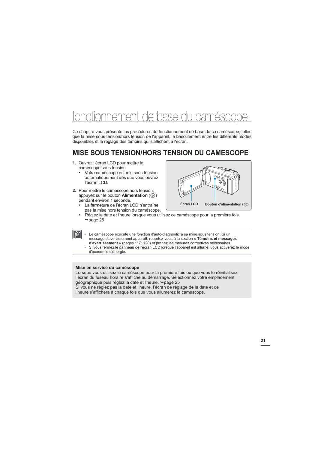 Samsung HMX-H204SP/EDC, HMX-H204BP/EDC manual Mise Sous TENSION/HORS Tension DU Camescope, Mise en service du caméscope 