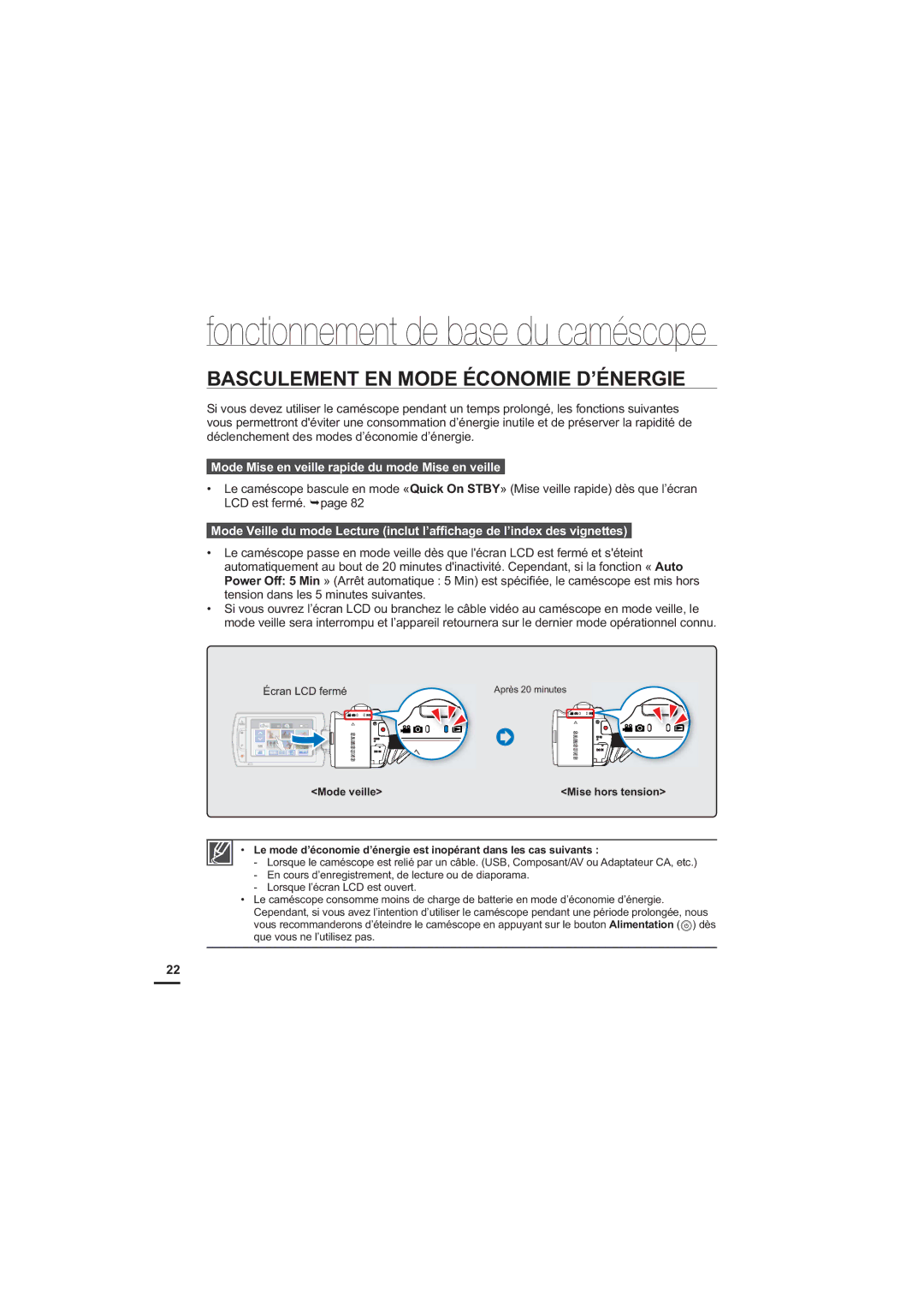 Samsung HMX-H200BP/EDC manual Basculement EN Mode Économie D’ÉNERGIE, Mode Mise en veille rapide du mode Mise en veille 