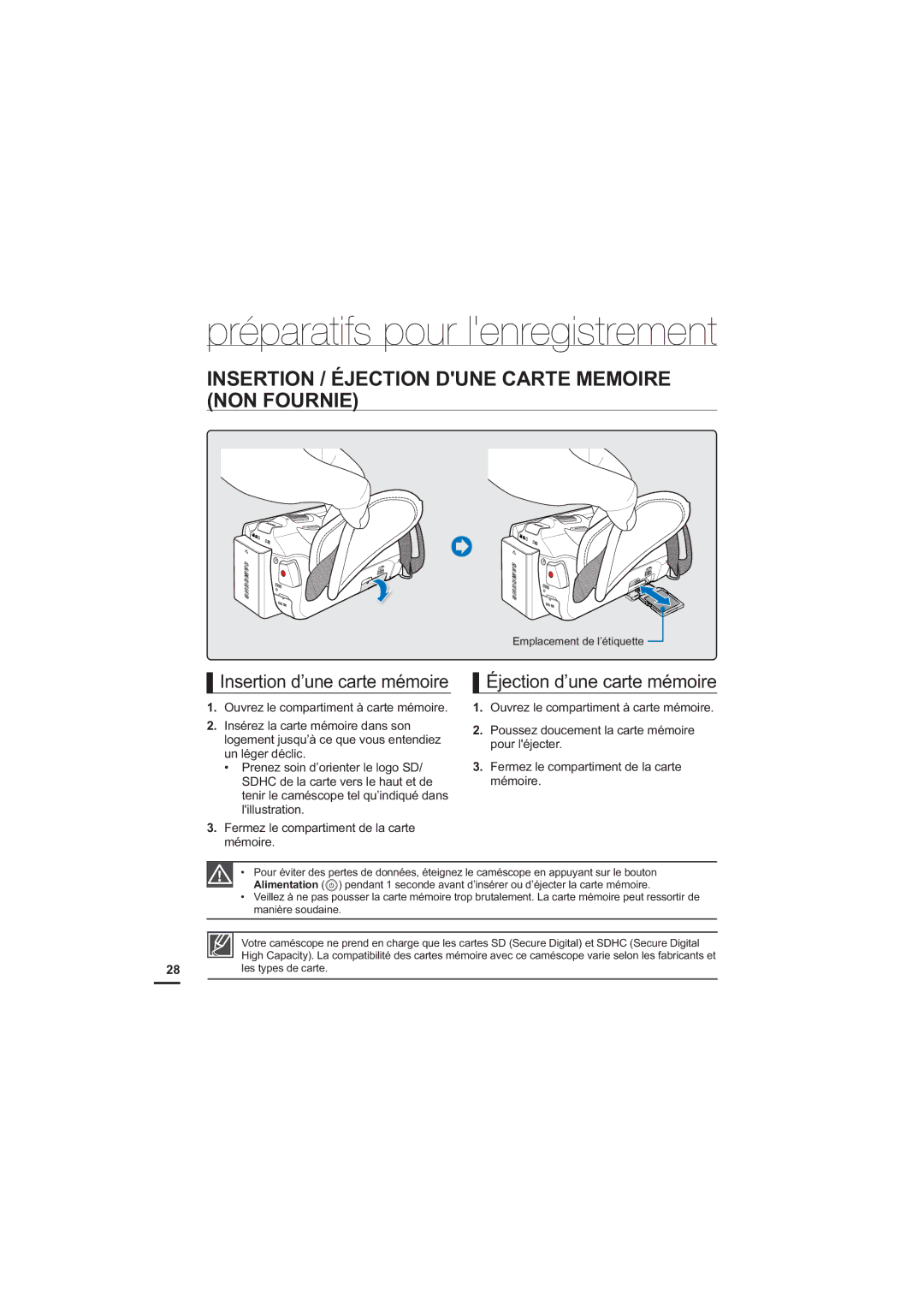 Samsung HMX-H204SP/EDC Insertion / Éjection Dune Carte Memoire NON Fournie, Emplacement de l’étiquette, Les types de carte 