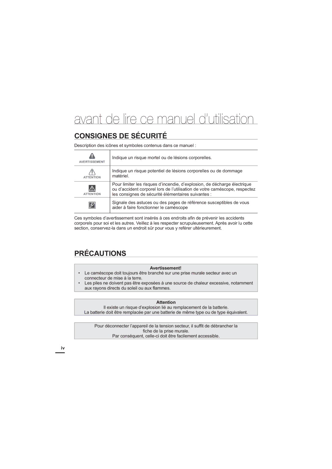 Samsung HMX-H220RP/EDC, HMX-H204BP/EDC, HMX-H204SP/EDC, HMX-H200BP/EDC Consignes DE Sécurité, Précautions, Avertissement 