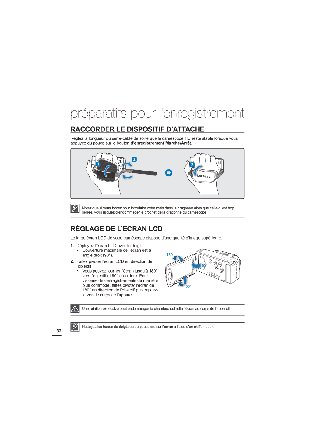 Samsung HMX-H220SP/EDC, HMX-H204BP/EDC, HMX-H204SP/EDC manual Raccorder LE Dispositif D’ATTACHE, Réglage DE L’ÉCRAN LCD 