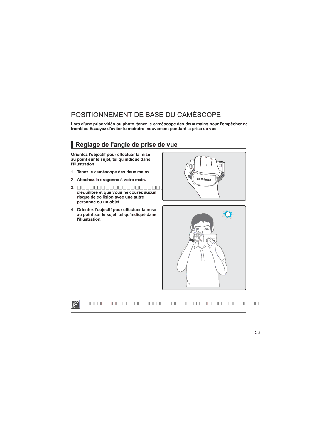 Samsung HMX-H205SP/EDC, HMX-H204BP/EDC manual Positionnement DE Base DU Caméscope, Réglage de langle de prise de vue 