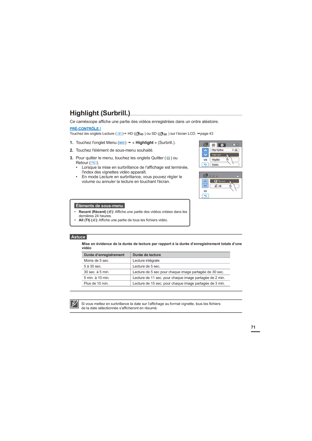 Samsung HMX-H200BP/EDC, HMX-H204BP/EDC manual Highlight Surbrill, All Tt $I¿FKHXQHSDUWLHGHWRXVOHV¿FKLHUVYLGpR 