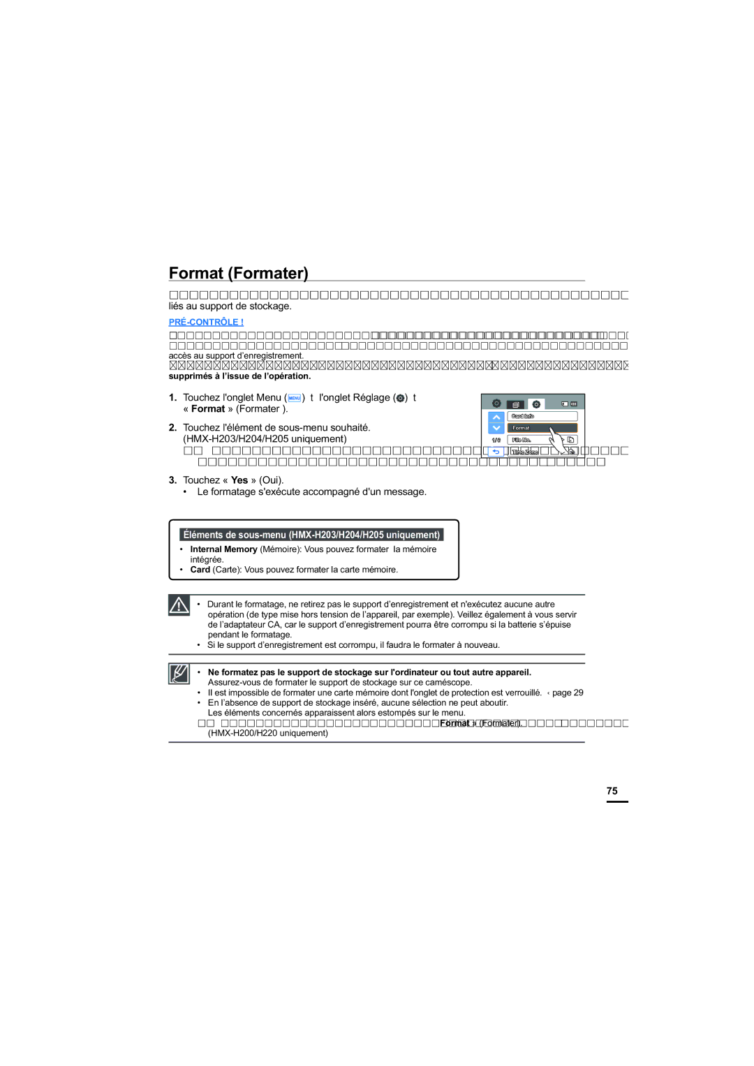 Samsung HMX-H205SP/EDC, HMX-H204BP/EDC, HMX-H204SP/EDC Format Formater, Éléments de sous-menu HMX-H203/H204/H205 uniquement 