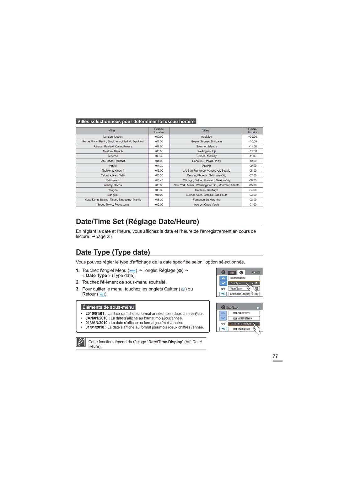 Samsung HMX-H204SP/EDC, HMX-H204BP/EDC manual Date/Time Set Réglage Date/Heure, Date Type Type date, Lecture. ¬page 