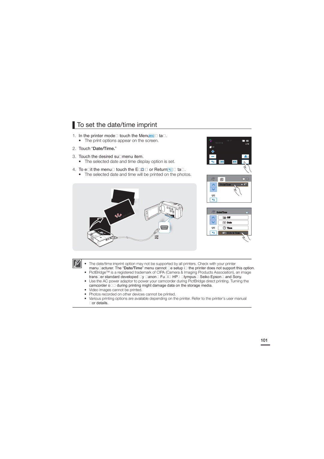 Samsung HMX-H204SP/HAC, HMX-H204BP/EDC To set the date/time imprint, Touch %BUF5JNF Touch the desired submenu item, 101 