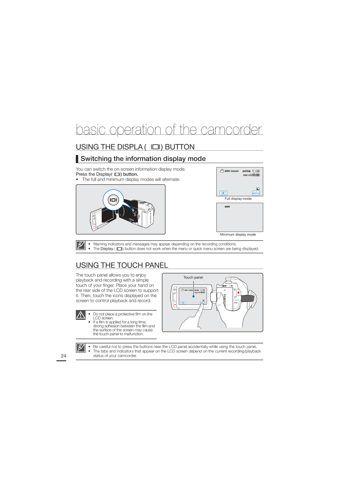 Samsung HMX-H205BP/EDC manual Using the Display Button, Using the Touch Panel, Switching the information display mode 