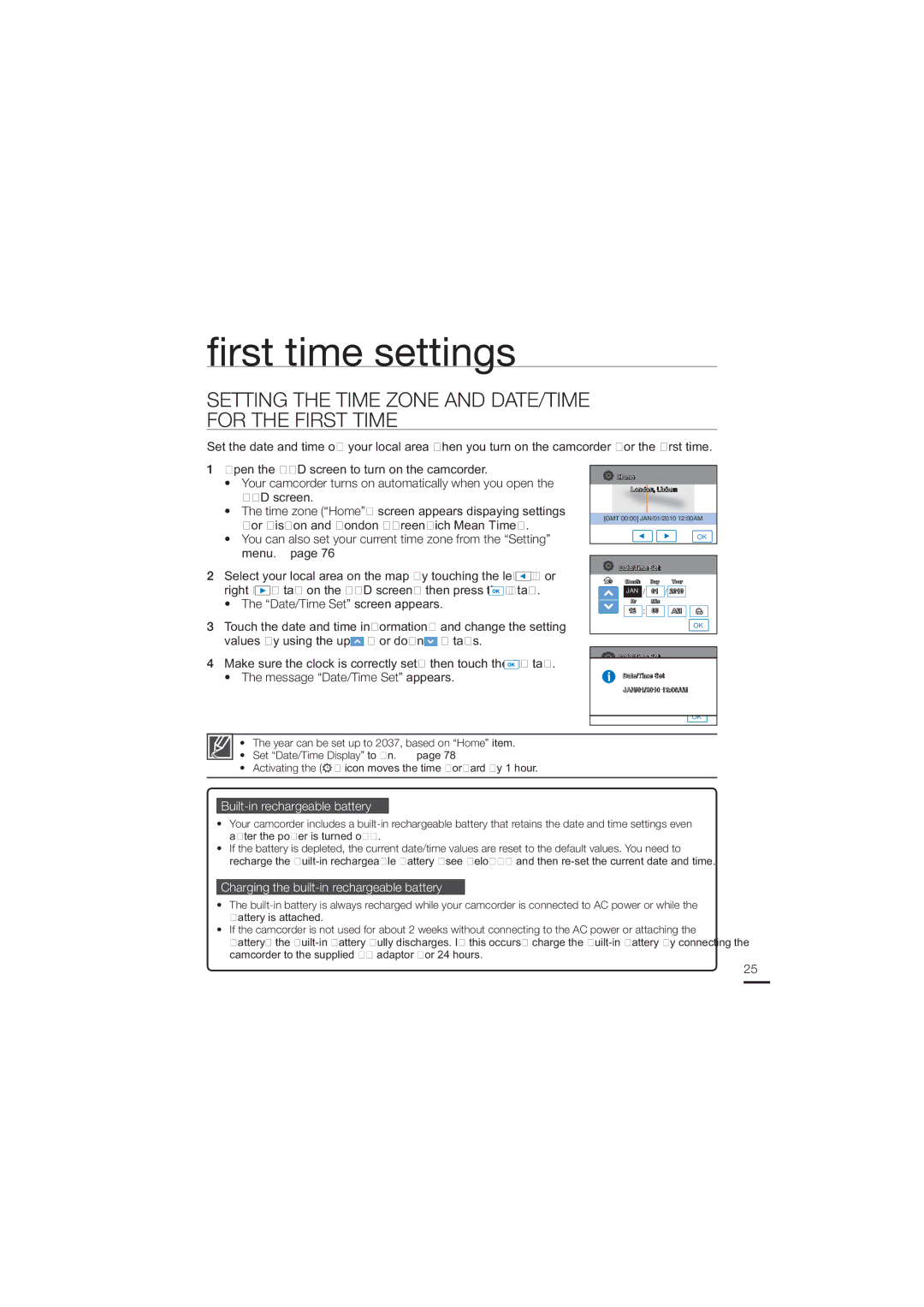 Samsung HMX-H204RP/EDC, HMX-H204BP/EDC manual Rst time settings, Setting the Time Zone and DATE/TIME for the First Time 