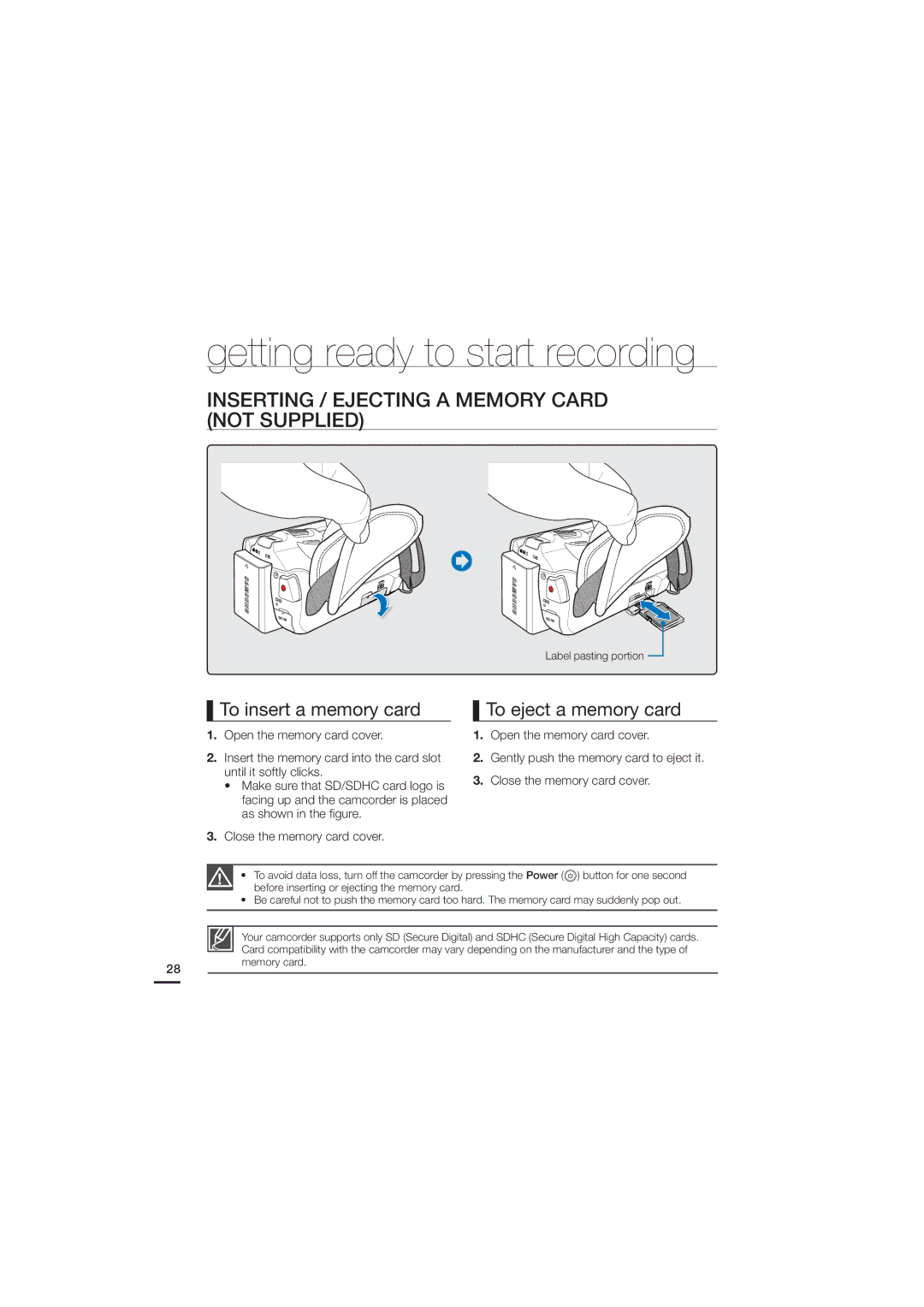 Samsung HMX-H200RP/XER Inserting / Ejecting a Memory Card not Supplied, To insert a memory card To eject a memory card 