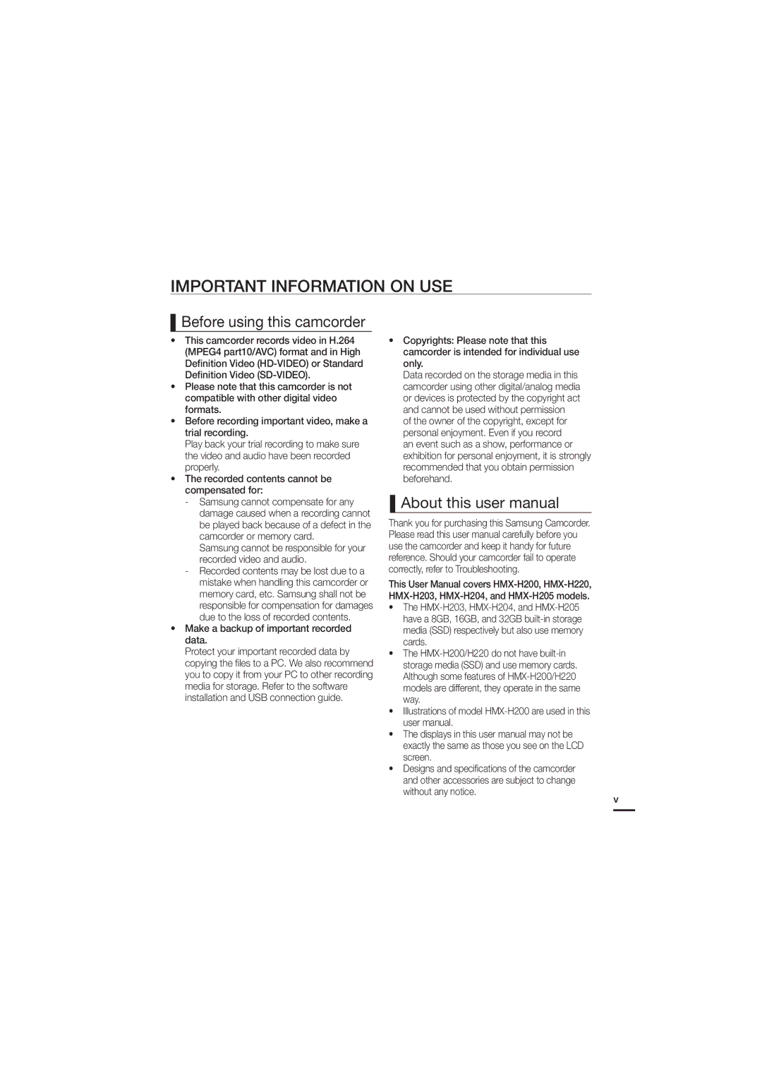 Samsung HMX-H220SP/EDC, HMX-H204BP/EDC, HMX-H204SP/EDC manual Important Information on USE, Before using this camcorder 