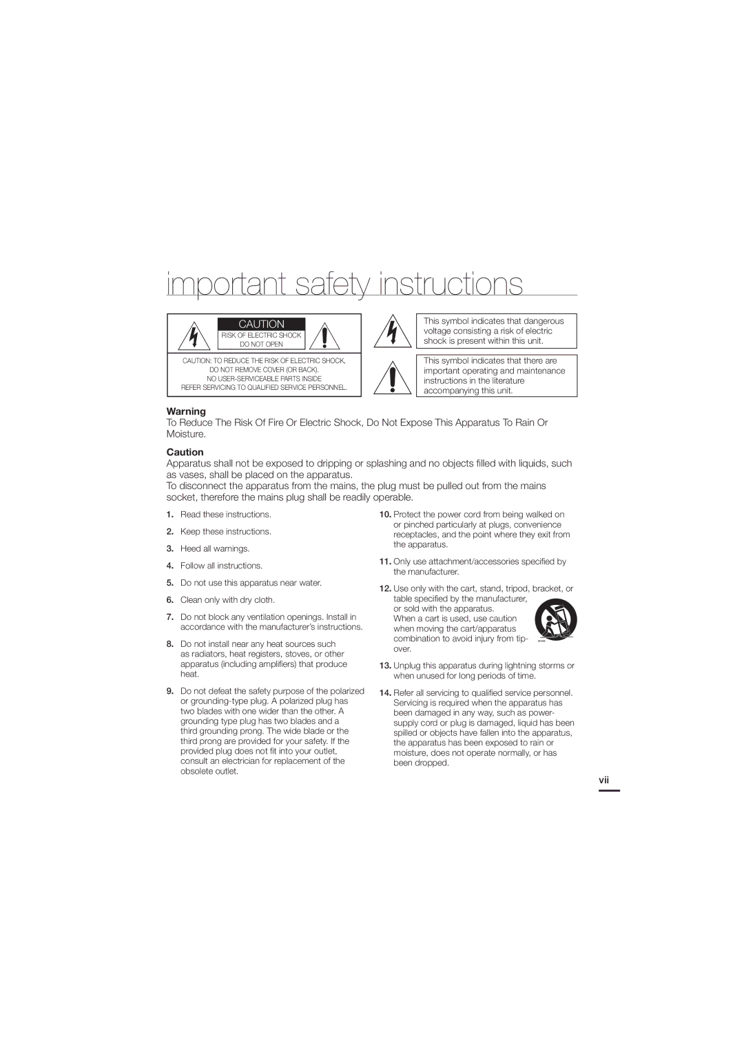 Samsung HMX-H203BP/EDC, HMX-H204BP/EDC, HMX-H204SP/EDC, HMX-H200BP/EDC, HMX-H204BP/MEA Important safety instructions, Vii 