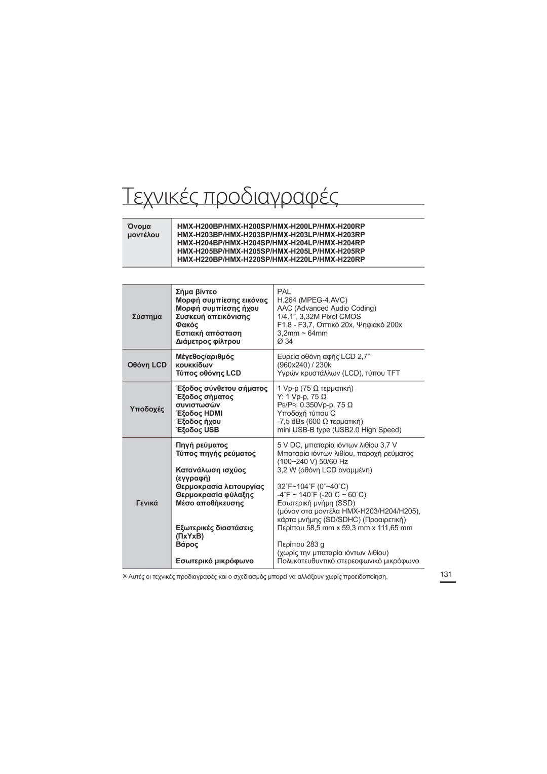 Samsung HMX-H205BP/EDC, HMX-H204BP/EDC manual Τεχνικές προδιαγραφές, 9SSŸĲİȡȝĮĲȚțȒ, a9+ 